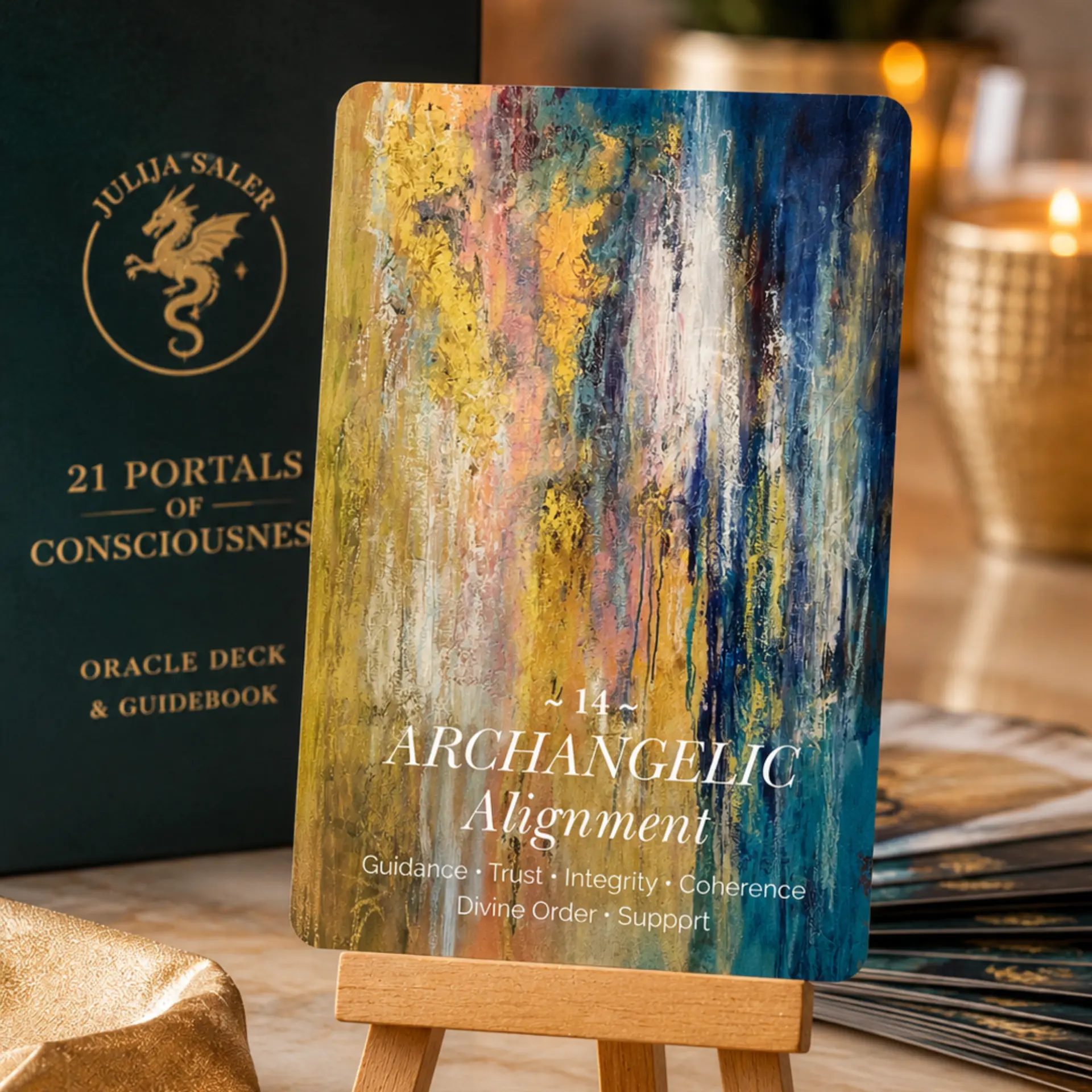 A portal card standing on a wooden easel beside the First Edition box