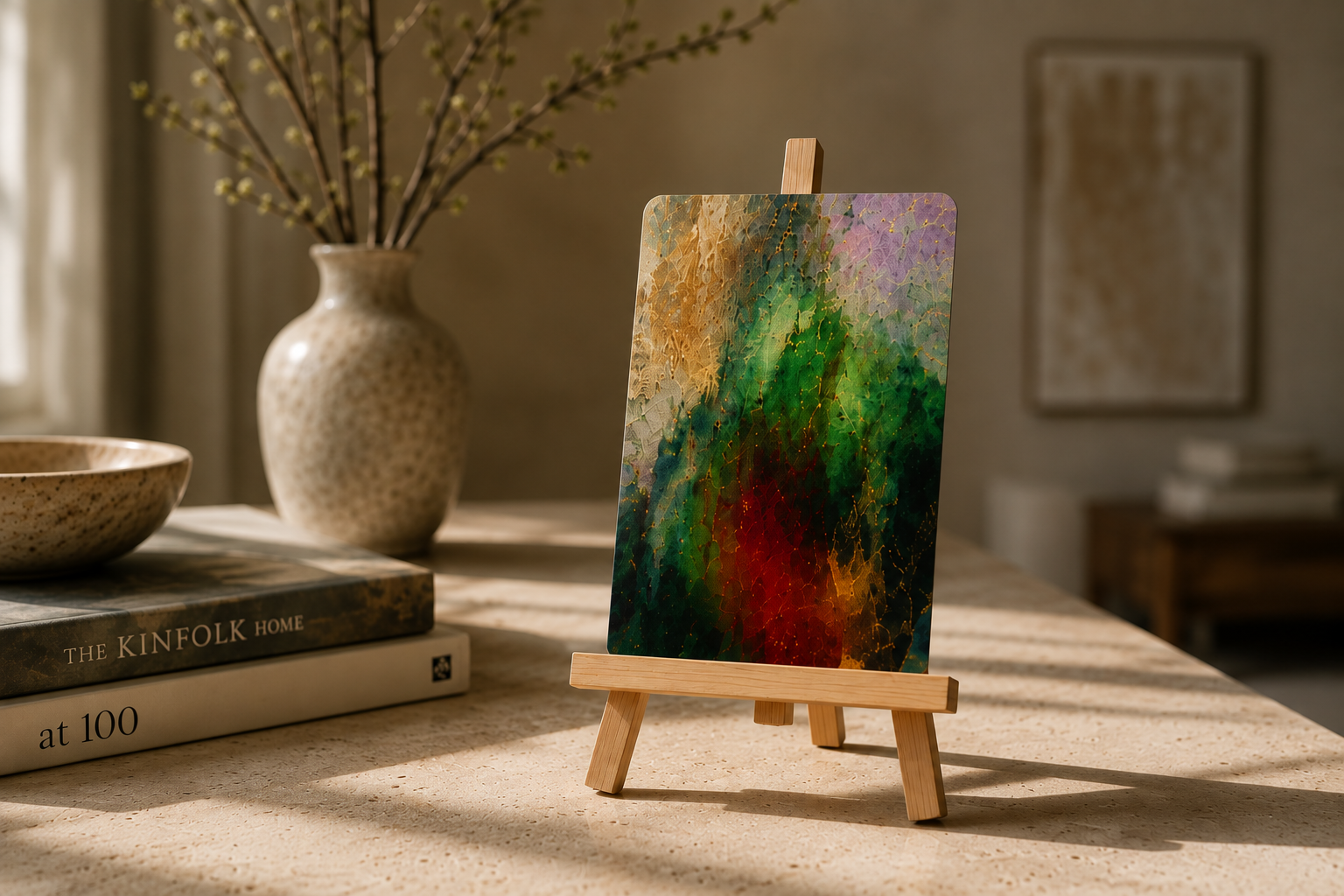 A single portal card standing on a wooden easel in a minimalist room
